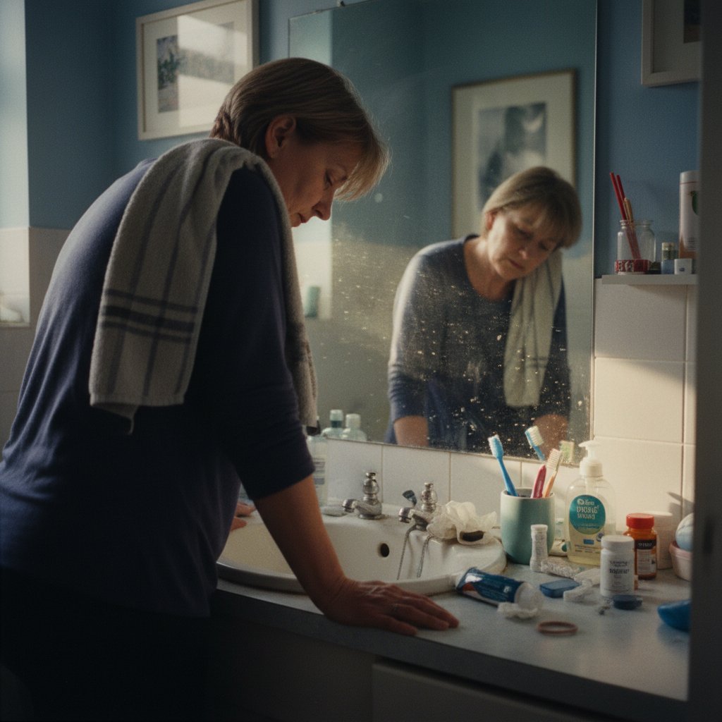 A woman waking up exhausted in the early morning, a familiar perimenopause moment
