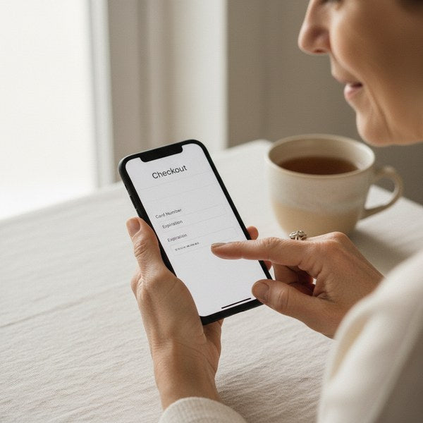 Secure checkout — hands holding phone with checkout page